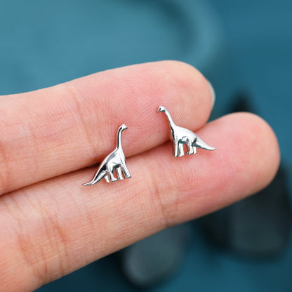 Small Dinosaur Stud Earrings in Sterling Silver, Silver Brachiosaurus Dino Earrings, Silver Dinosaur Earrings