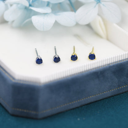 Sapphire Blue CZ Stud Earrings in Sterling Silver, Silver or Gold, 3mm, Three Prong, Blue Stacking Earrings, September Birthstone