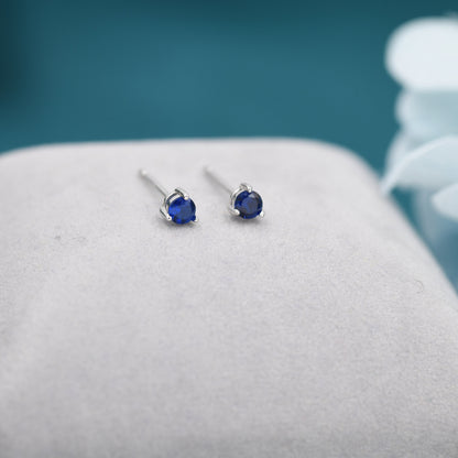 Sapphire Blue CZ Stud Earrings in Sterling Silver, Silver or Gold, 3mm, Three Prong, Blue Stacking Earrings, September Birthstone