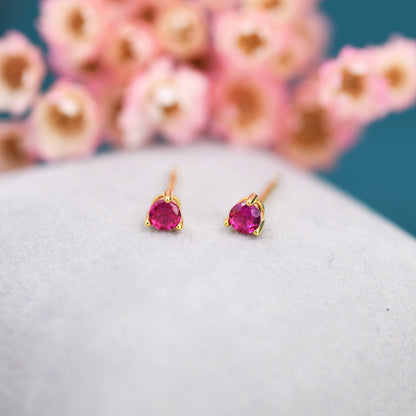 Ruby Pink CZ Stud Earrings in Sterling Silver, Silver or Gold, 3mm, Three Prong, Pink Stacking Earrings, July Birthstone