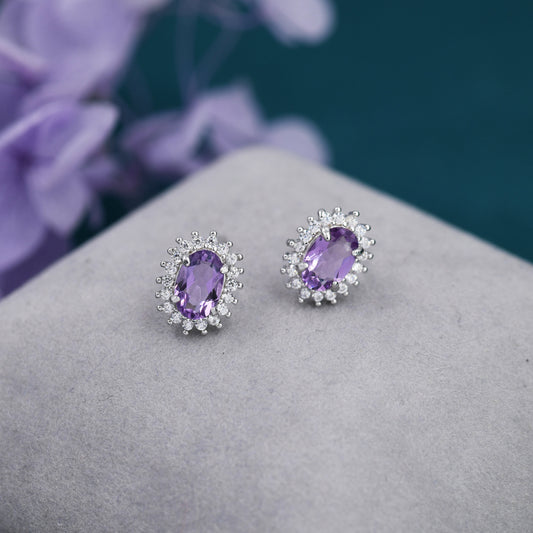 Genuine Amethyst Purple Crystal Stud Earrings in Sterling Silver, Natural Purple Amethyst Oval Stud Earrings