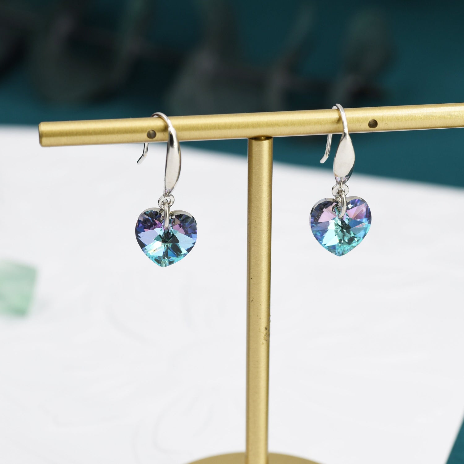Alexandrite CZ Heart Drop Dangle Earrings in Sterling Silver, Silver or Rose Gold, Blue Crystal Heart Earrings