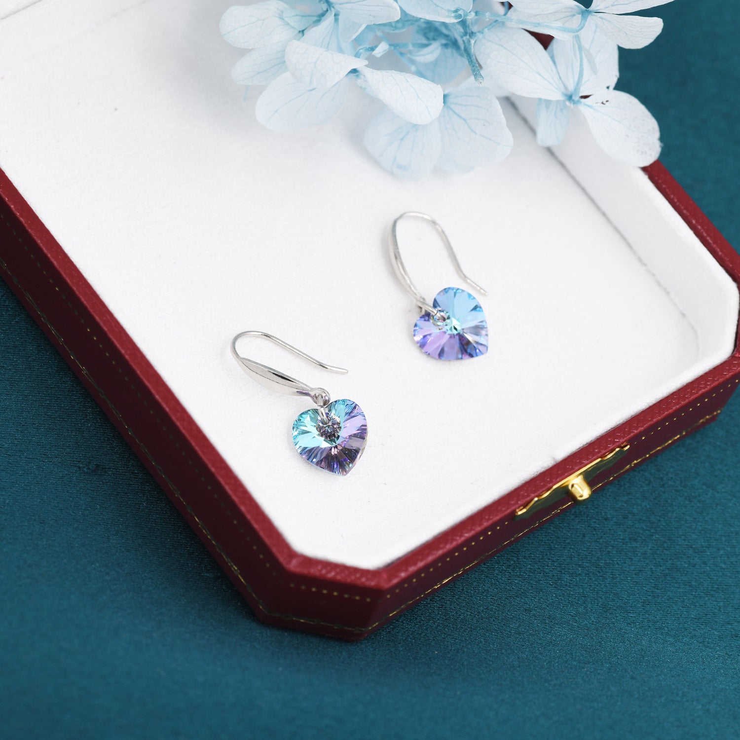 Alexandrite CZ Heart Drop Dangle Earrings in Sterling Silver, Silver or Rose Gold, Blue Crystal Heart Earrings