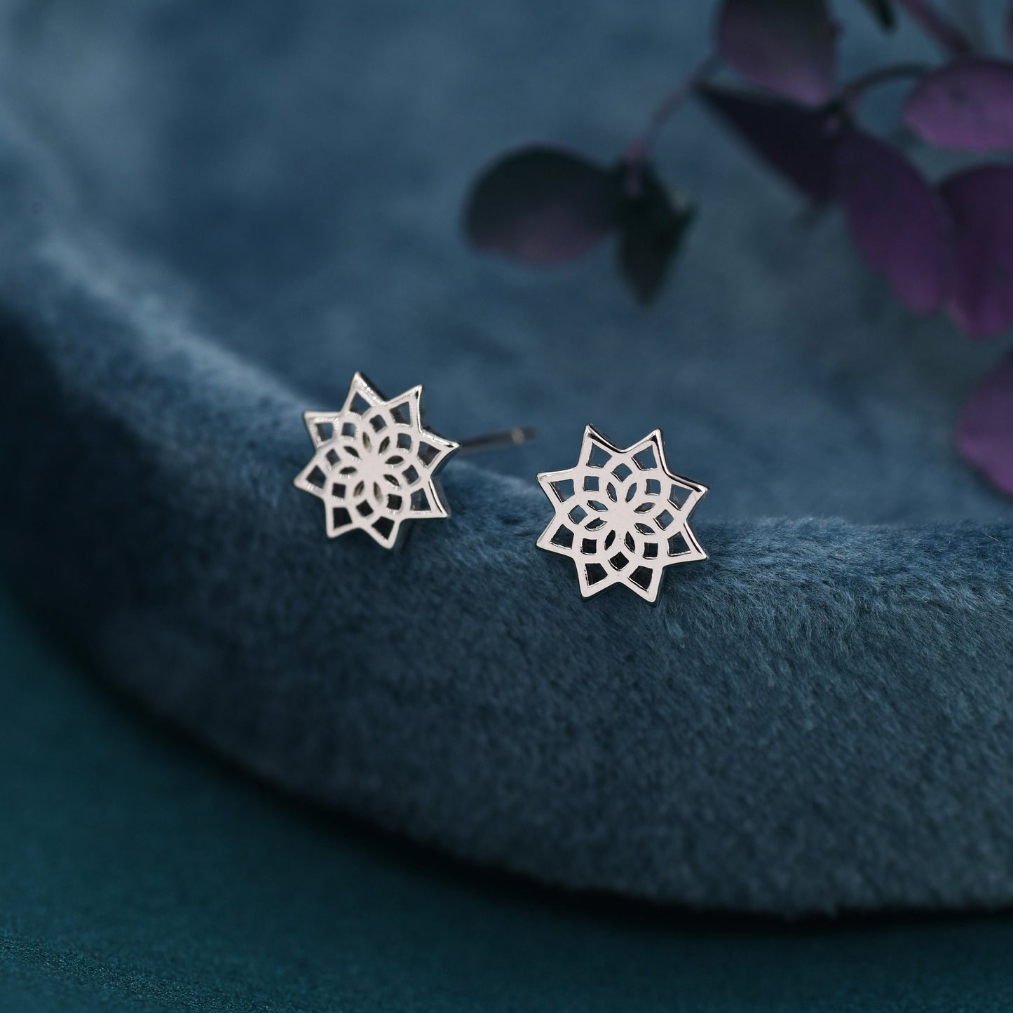 Mandala Flower Stud Earrings in Sterling Silver, Silver or Gold, Mandala Earrings, Geometric