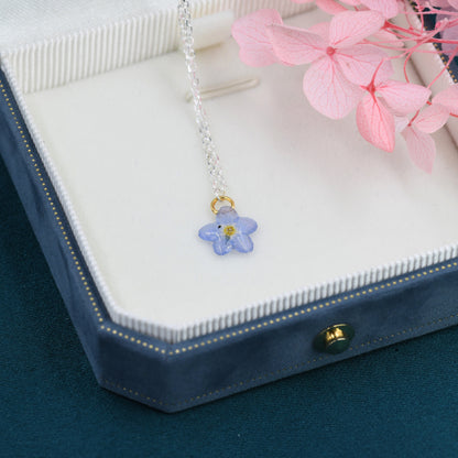 Real Forget-Me-Not Flower Tiny Pendant Necklace in Sterling Silver, Real Flower Earrings, Resin Flower Jewellery - Blue