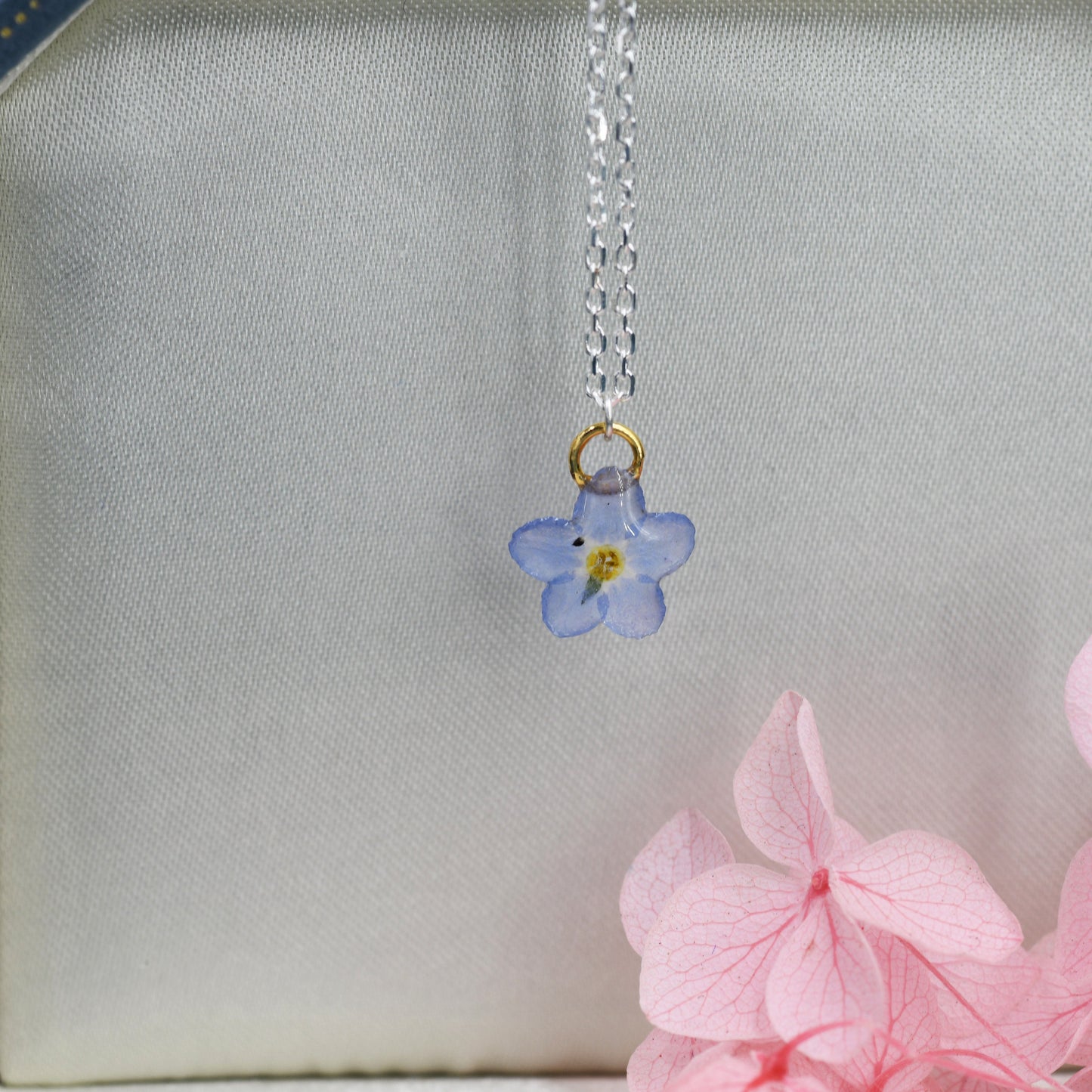 Real Forget-Me-Not Flower Tiny Pendant Necklace in Sterling Silver, Real Flower Earrings, Resin Flower Jewellery - Blue