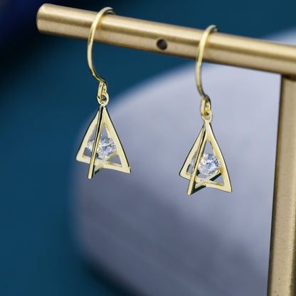 Sterling Silver Caged Crystal Diamond Pyramid Drop Hook Earrings, Gold Coated Sterling Silver, Modern Geometric Jewellery