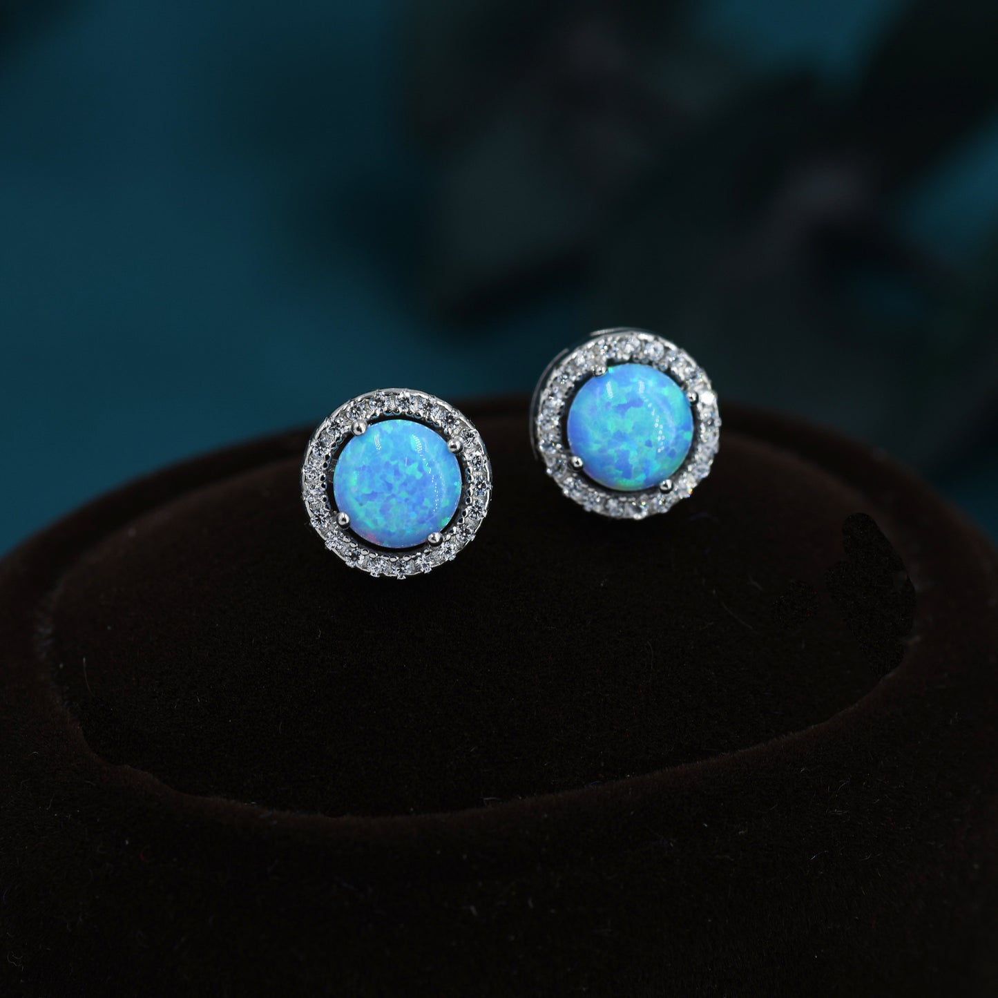 Blue Opal CZ Halo Stud Earrings in Sterling Silver - 8mm - Sustainable Lab Opal - Petite Stud Earrings