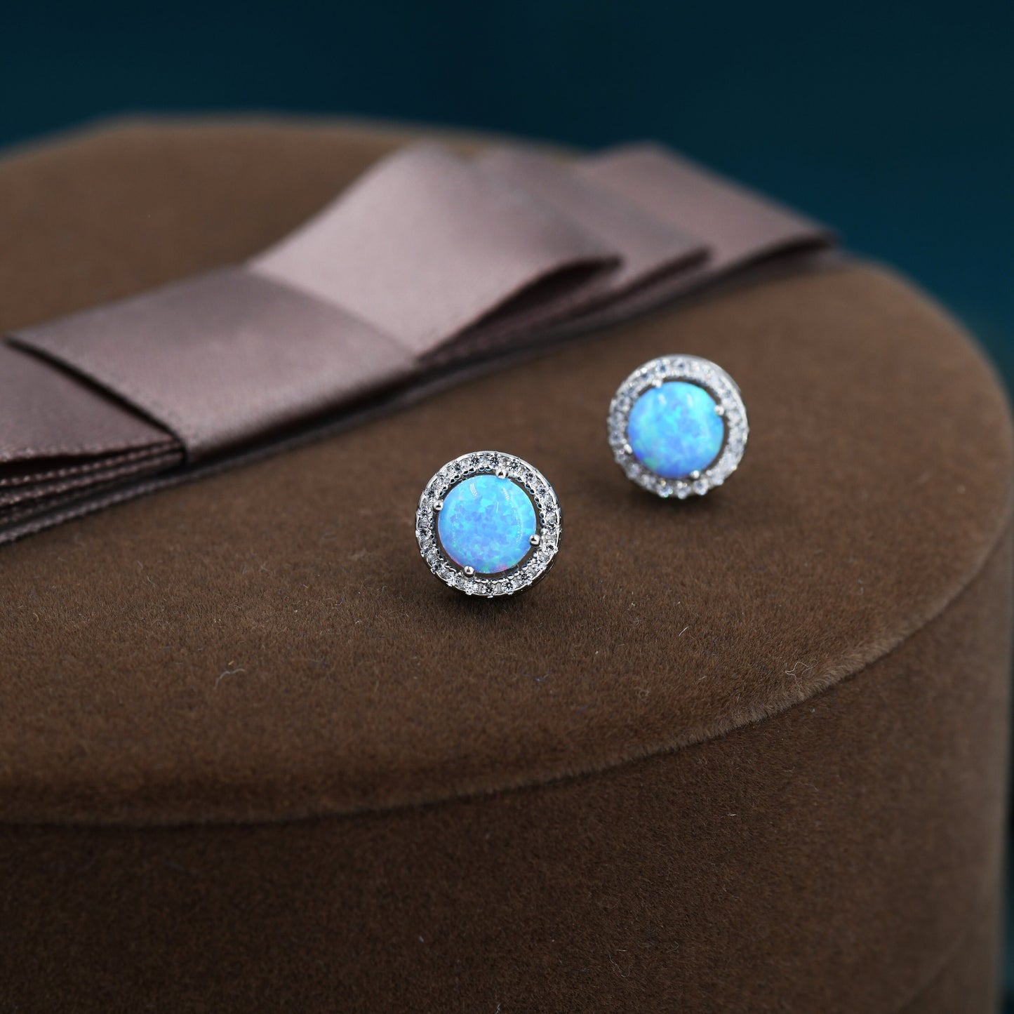 Blue Opal CZ Halo Stud Earrings in Sterling Silver - 8mm - Sustainable Lab Opal - Petite Stud Earrings