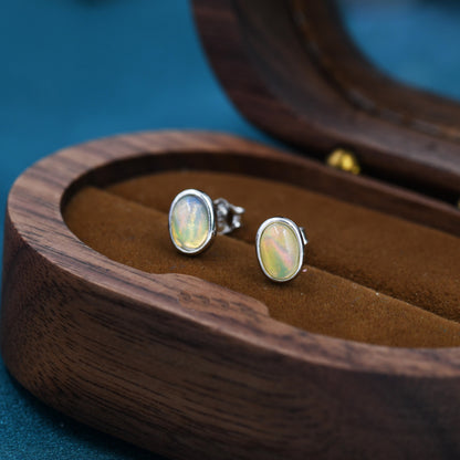 Genuine Ethiopian Opal Stone Oval Stud Earrings in Sterling Silver, Opal Stud, Natural Semi-Precious Gemstones,  Bezel, Minimalist  Earrings