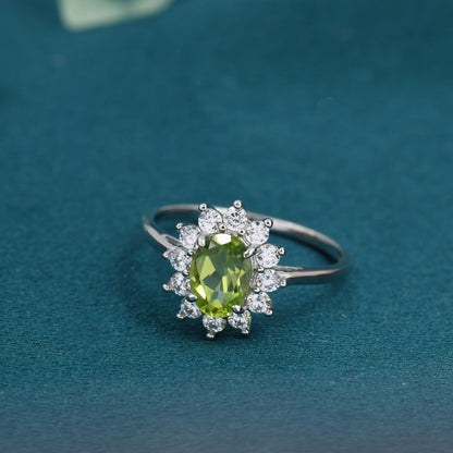 Genuine Peridot and CZ Halo Ring in Sterling Silver, Natural Peridot Stone Ring, Stacking Rings, US 5-8