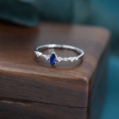 Vintage Inspired Sapphire Blue CZ Ring in Sterling Silver, Marquise Ring, Delicate Sapphire Ring, Size US 5 - 8