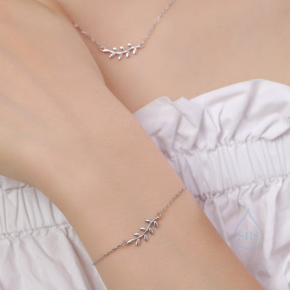 Delicate Leaf Bracelet and Necklace in Sterling Silver, Olive Brach Necklace,  Nature Inspired Tree Leaf Bracelet and Necklace