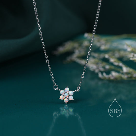 Extra Tiny Fire Opal Flower CZ Pendant Necklace in Sterling Silver, October Birthstone Necklace, Tiny Opal Necklace, Opal Snowflake Necklace
