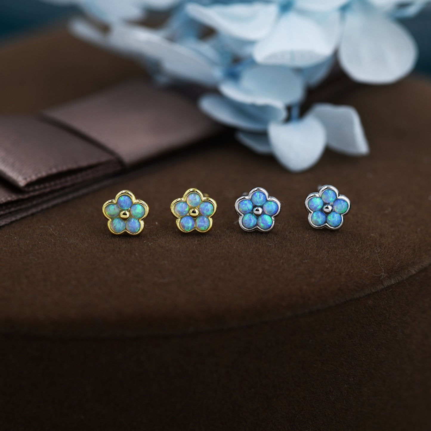 Blue Opal Flower Stud Earrings in Sterling Silver - Gold or Silver - Opal Forget-me-not - Opal Cluster - Petite Stud Earrings, Fire Opal