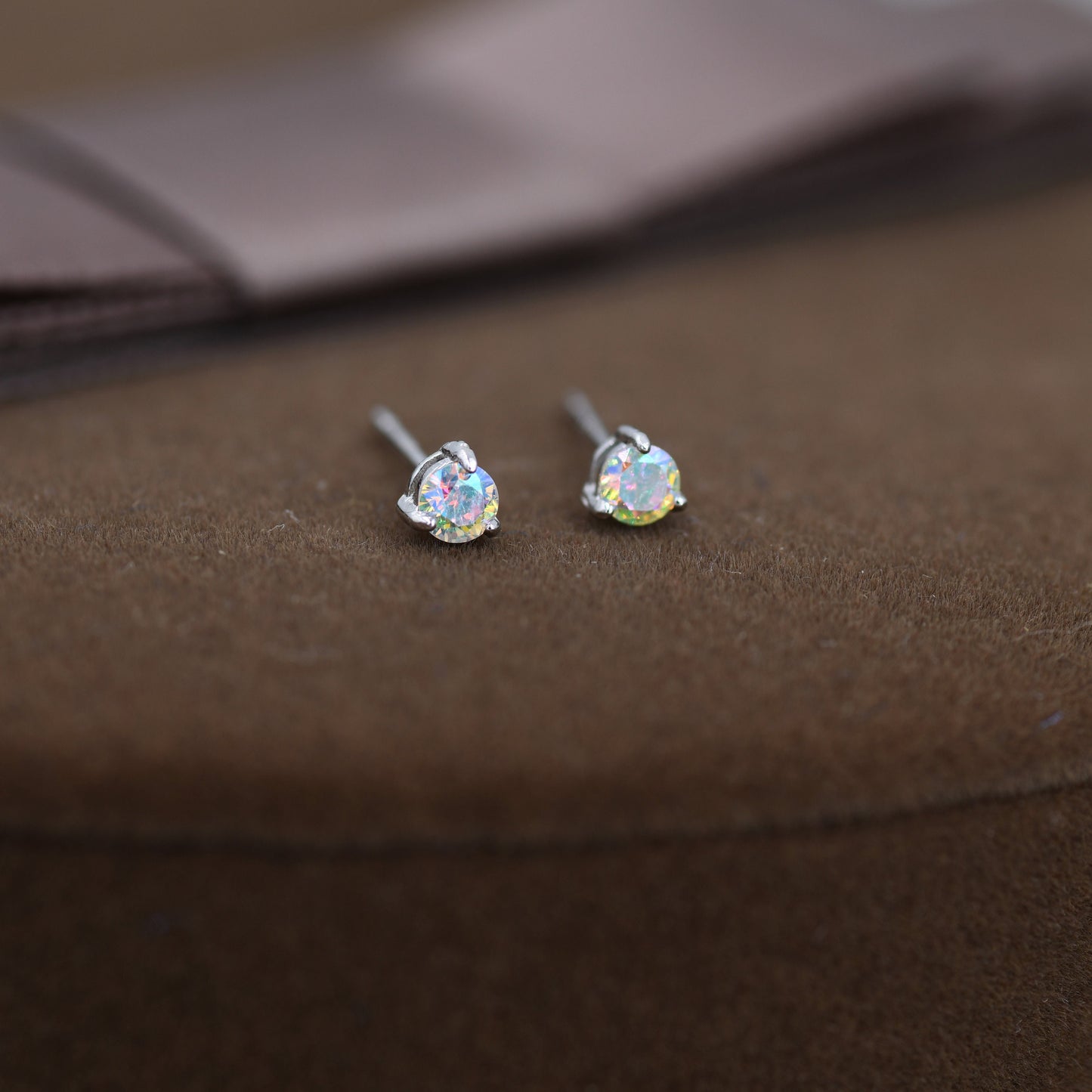 Aurora AB Crystal Tiny CZ Stud Earrings in Sterling Silver, 3mm Colour Changing Crystals, Extra Small