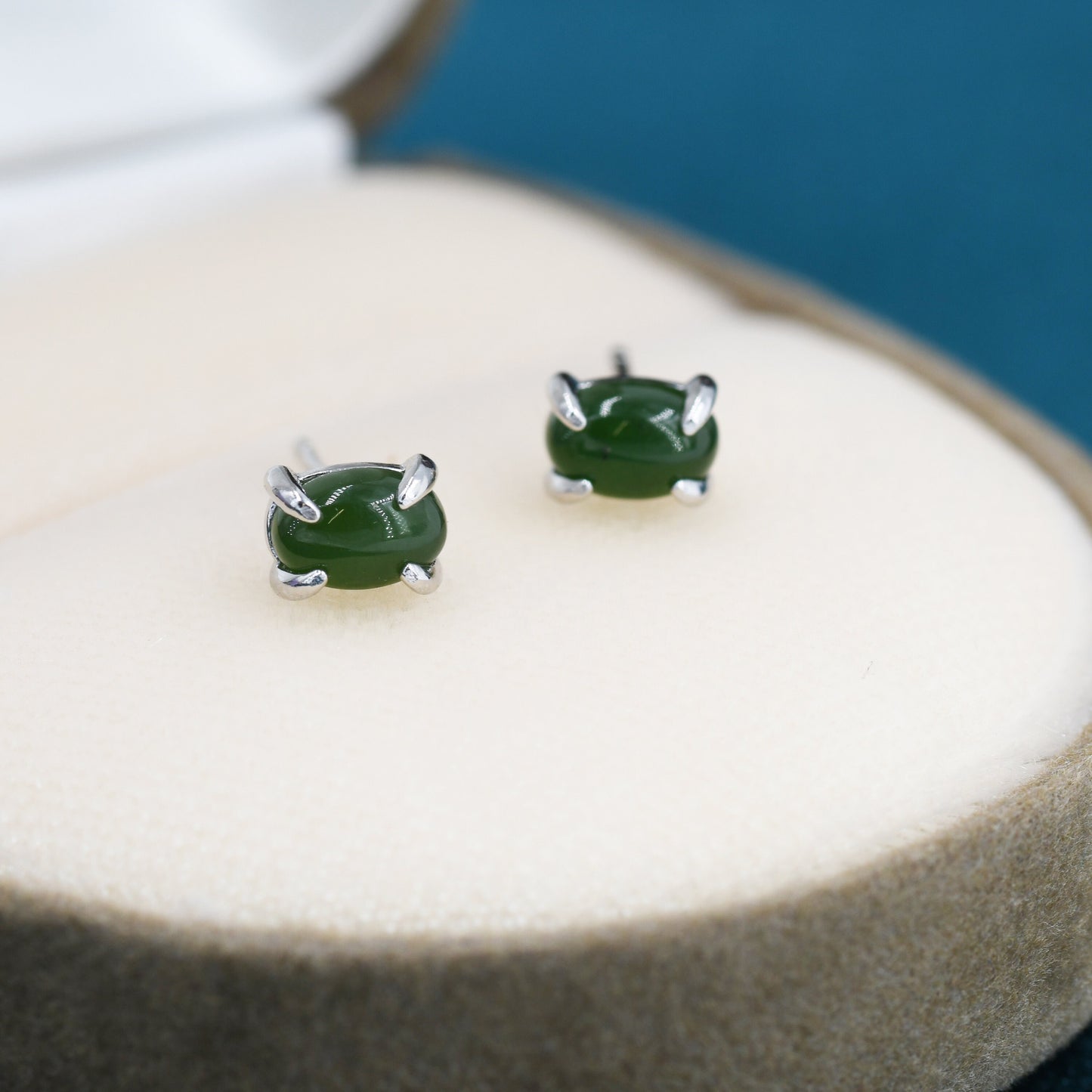 Genuine Green Japer Jade Stone Oval Stud Earrings in Sterling Silver, Jade Stud, Natural Jade Gemstones, Prong Set, Minimalist  Earrings