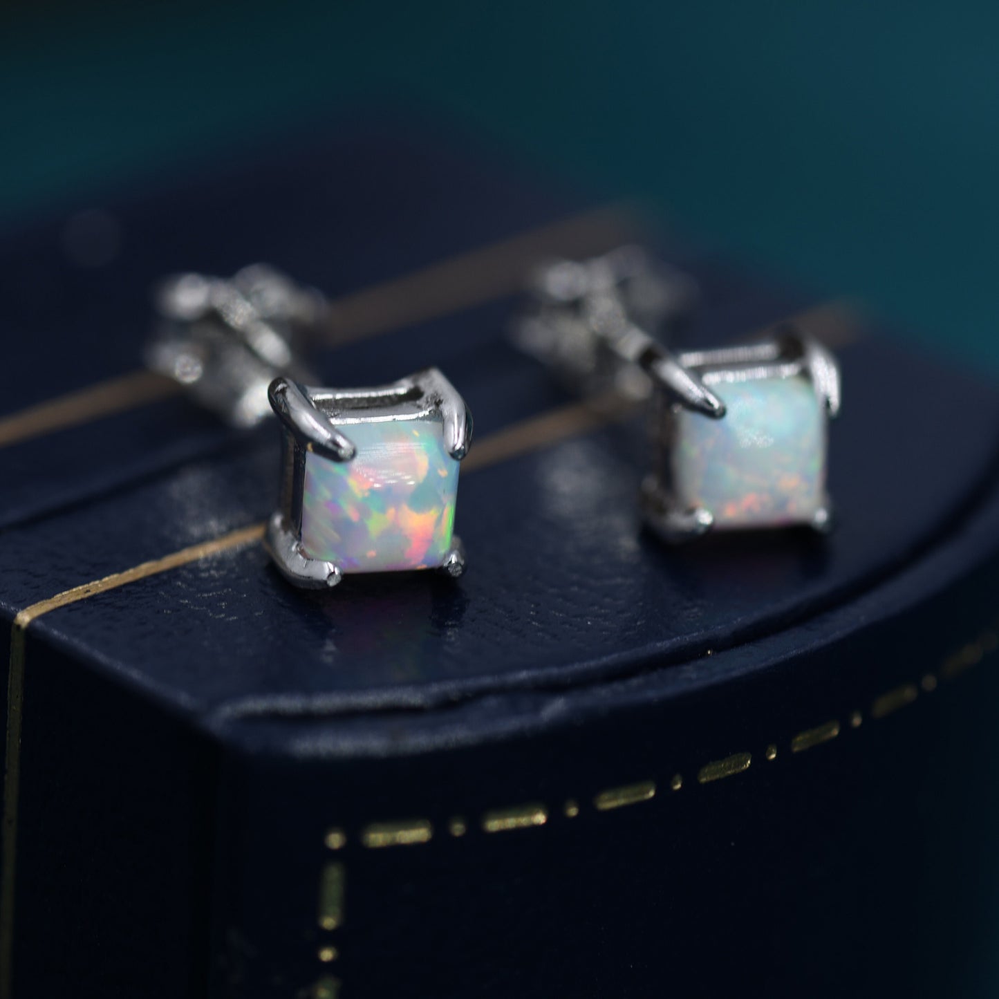 White Opal Square Stud Earrings in Sterling Silver - Gold or Silver - Opal Cube Earrings - Petite Stud Earrings, Fire Opal, Square Shape