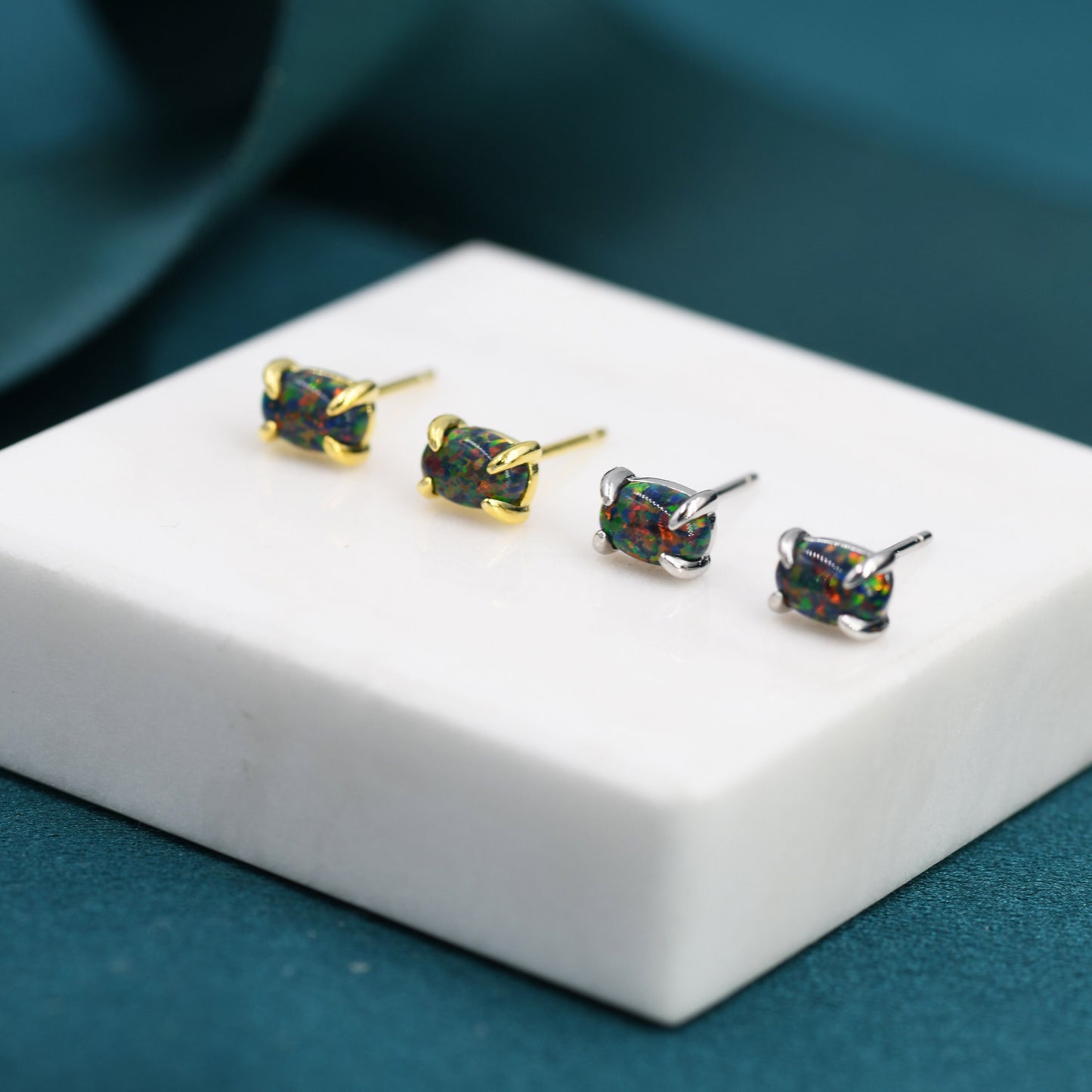 Black Opal Oval Stud Earrings in Sterling Silver - Gold or Silver - Opal Oval Earrings - Opal Prong Set  Earrings, Black  Opal