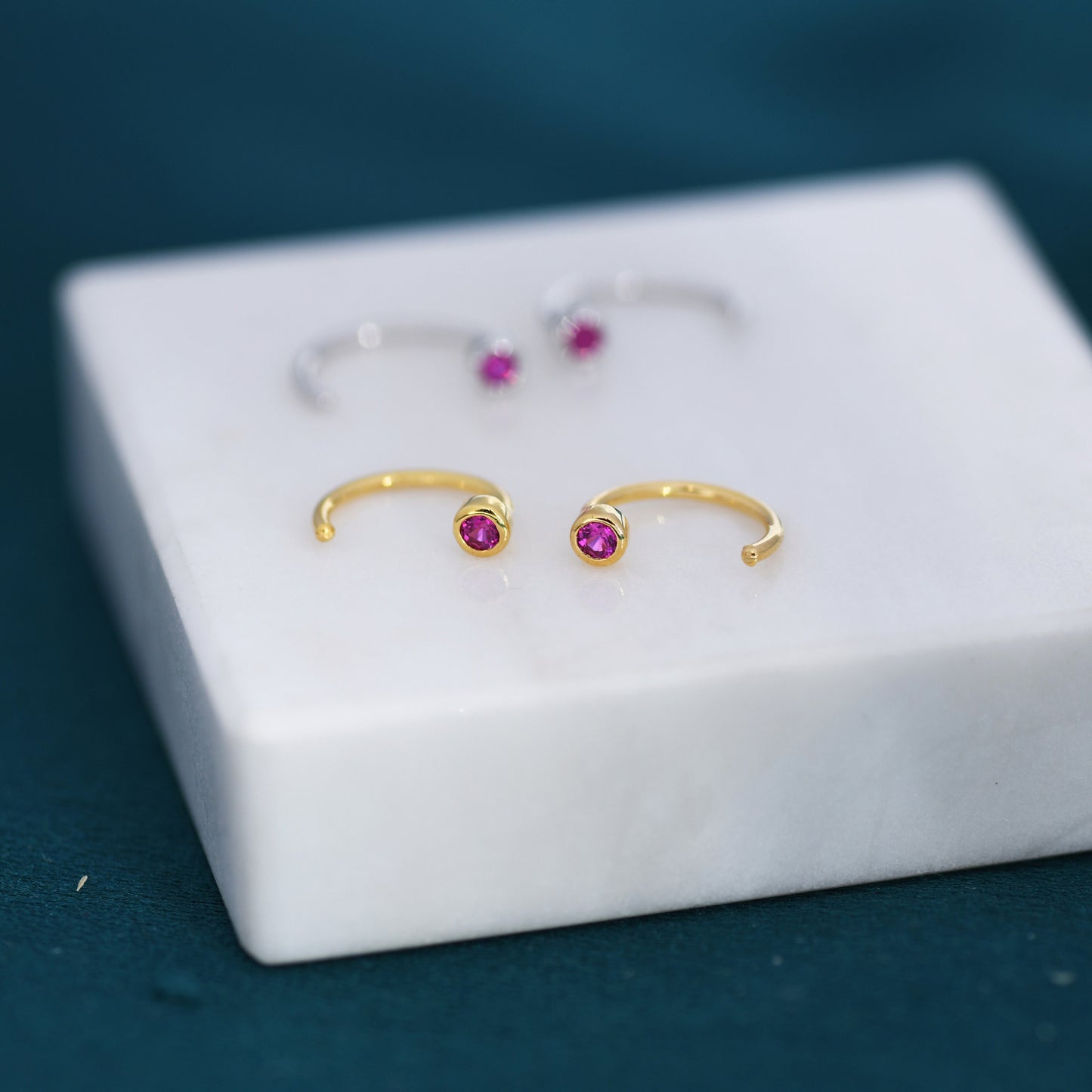 2mm Ruby Pink CZ Huggie Hoop Earrings in Sterling Silver, Silver, or Gold, Half Hoop, Open Hoop, Pull Through,  July Birthstone