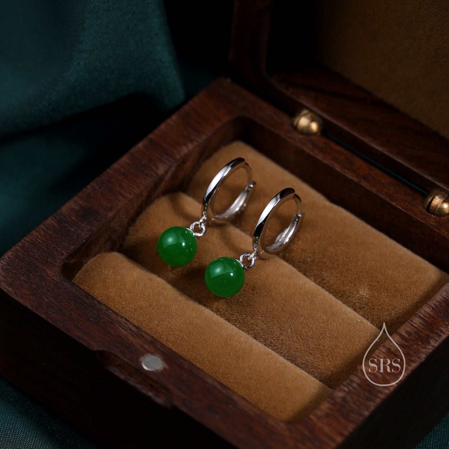 Dangle Jade Huggie Hoops Earrings in Sterling Silver, , Genuine Jade Stones, Silver or Gold, Minimalist Simple Hoop Earrings