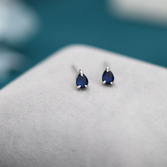 Extra Tiny Sapphire Blue Droplet CZ Stud Earrings in Sterling Silver, Tiny Pear Cut CZ Stud Earrings, Silver or Gold, September Birthstone