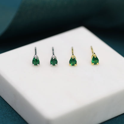 Extra Tiny Emerald Green Droplet CZ Stud Earrings in Sterling Silver, Tiny Pear Cut CZ Stud Earrings, Silver or Gold, May Birthstone