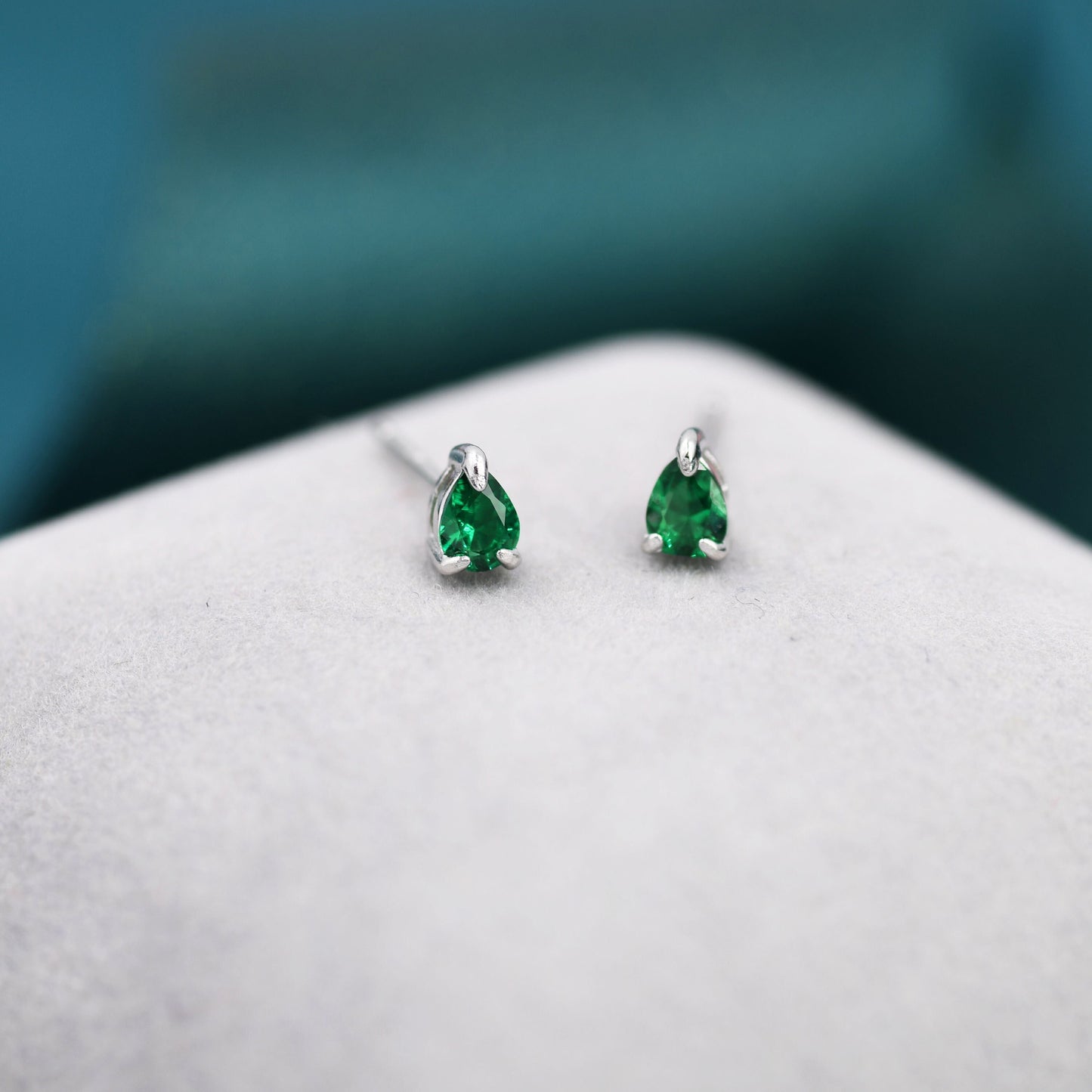 Extra Tiny Emerald Green Droplet CZ Stud Earrings in Sterling Silver, Tiny Pear Cut CZ Stud Earrings, Silver or Gold, May Birthstone