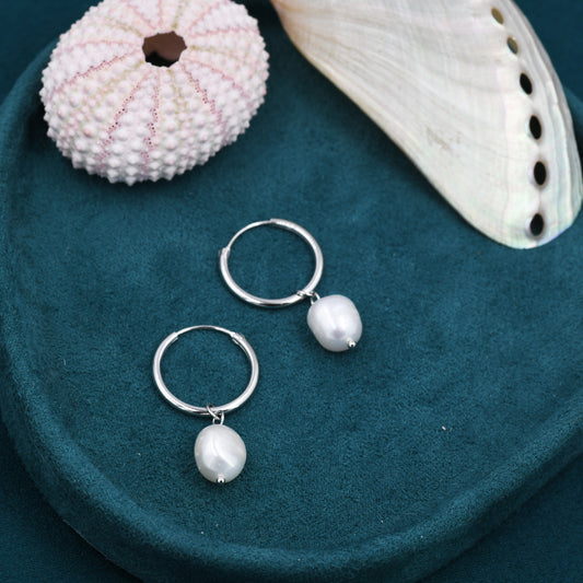 Genuine Baroque Pearl CZ Crystal Large Huggie Hoop Earrings in Sterling Silver, Gold or Silver,  Hoop Earrings R99
