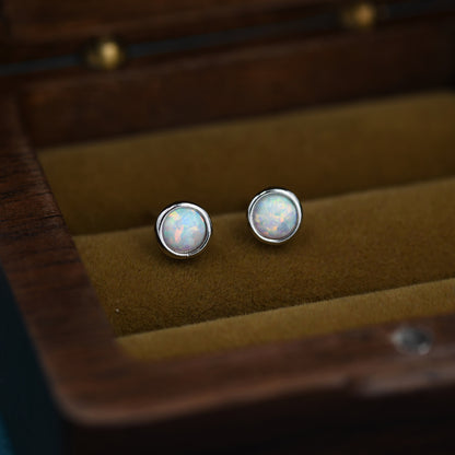 Sterling Silver Blue Opal White Opal Stone Crystal Stud Earrings. Round Minimalist Dot Geometric Design. bridesmaid jewellery.
