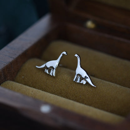 Small Dinosaur Stud Earrings in Sterling Silver, Silver Brachiosaurus Dino Earrings, Silver Dinosaur Earrings