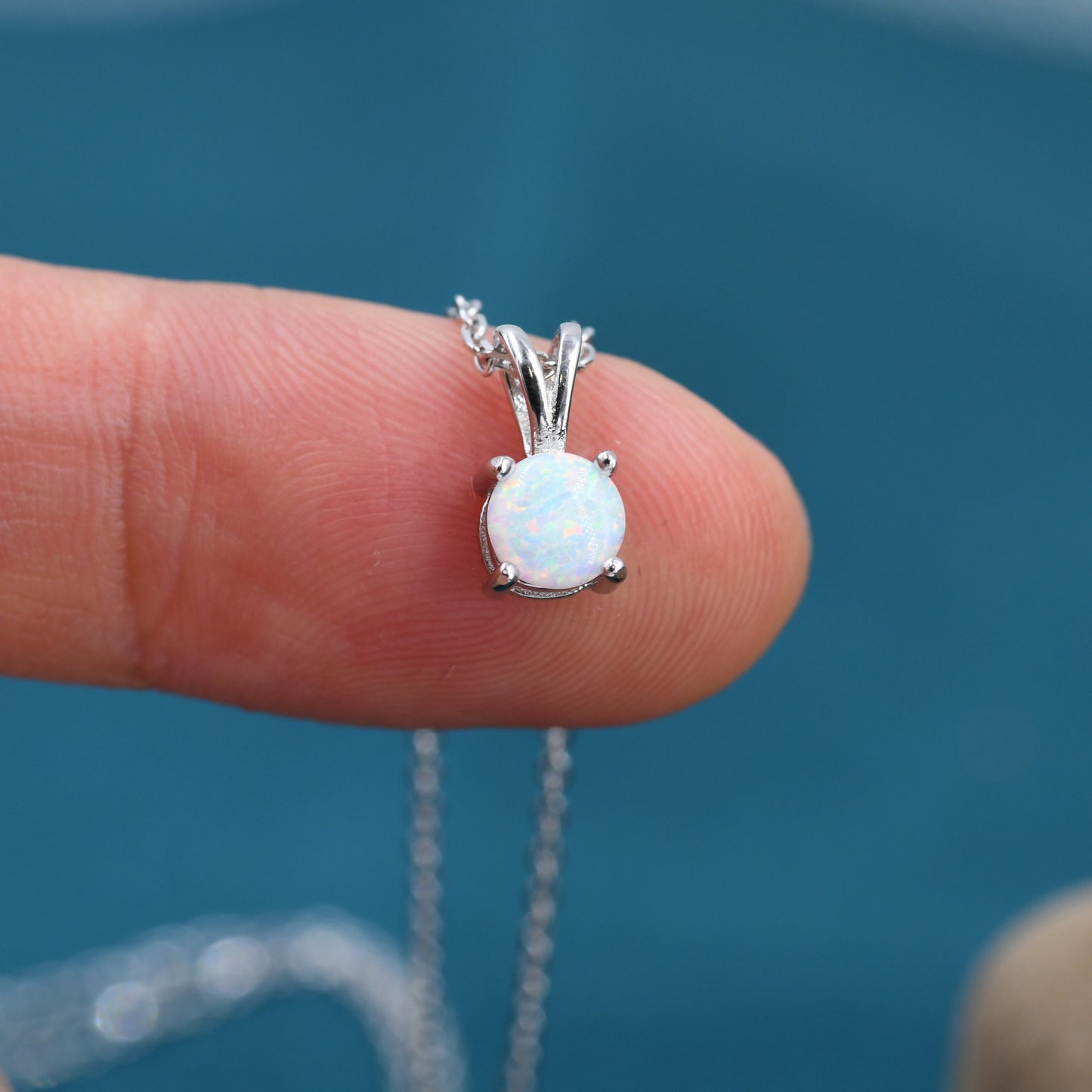 Tiny White Opal Pendant Necklace  in Sterling Silver, 5mm Lab Opal Necklace,  Single Opal Necklace, Fire Opal Necklace