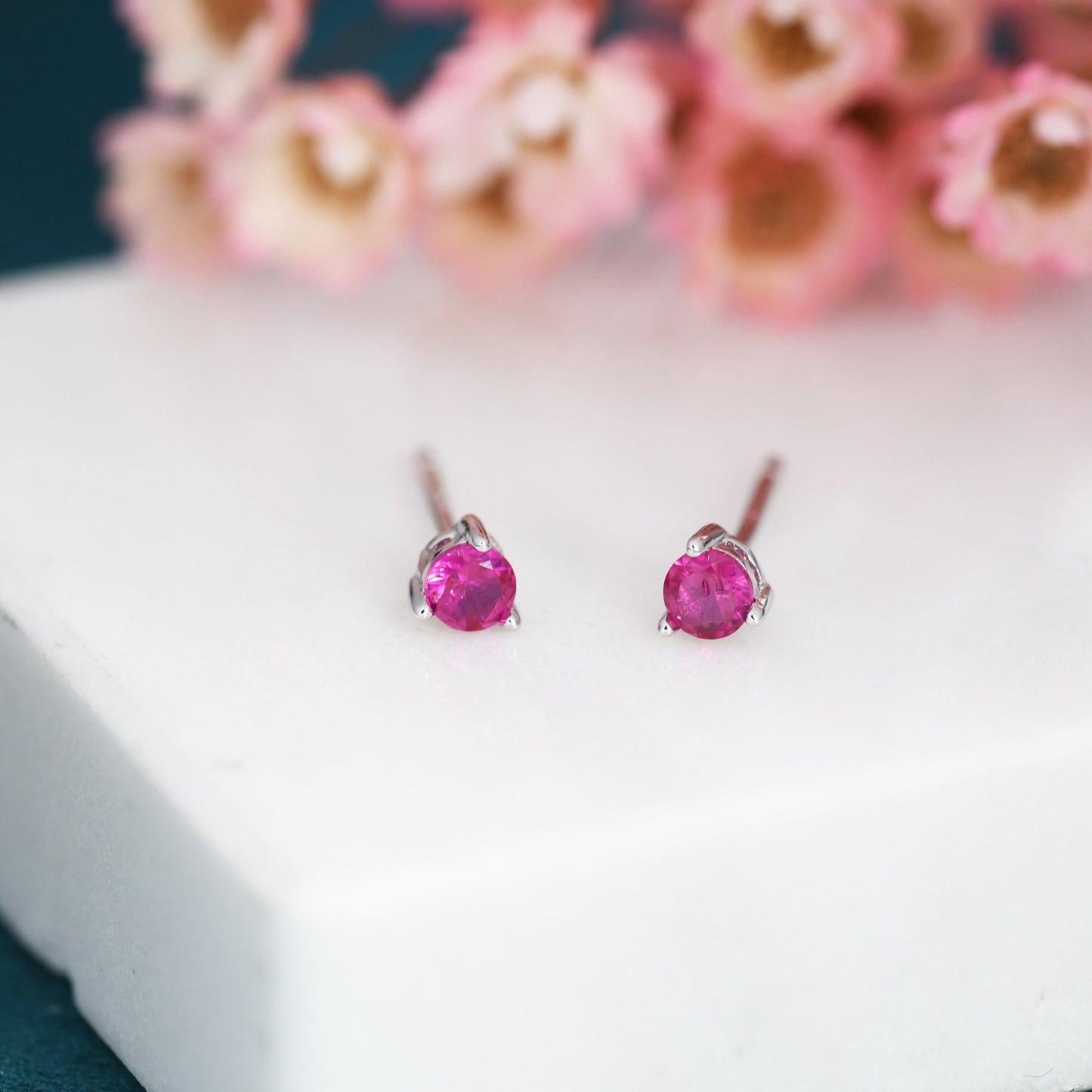 Ruby Pink CZ Stud Earrings in Sterling Silver, Silver or Gold, 3mm, Three Prong, Pink Stacking Earrings, July Birthstone