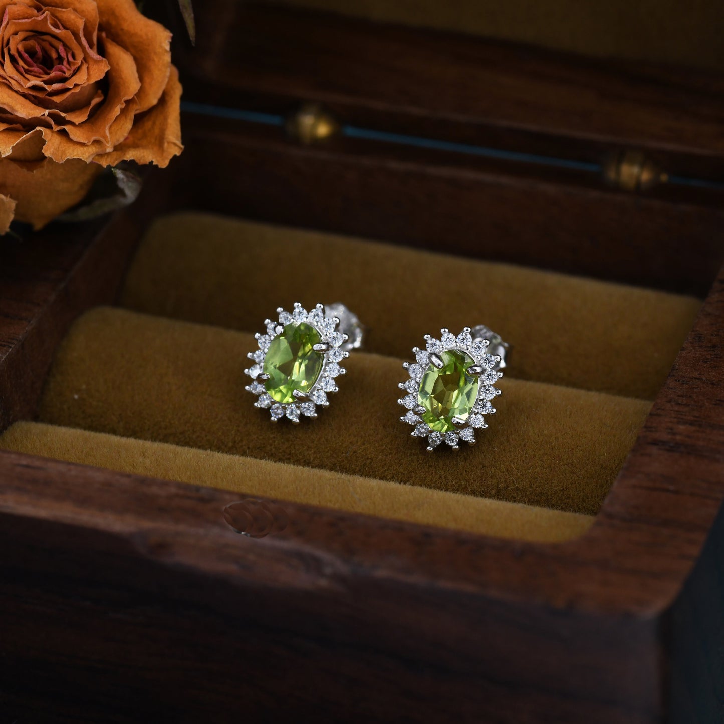 Genuine Peridot Crystal Stud Earrings in Sterling Silver, Natural Green Peridot Oval Stud Earrings, August Birthstone