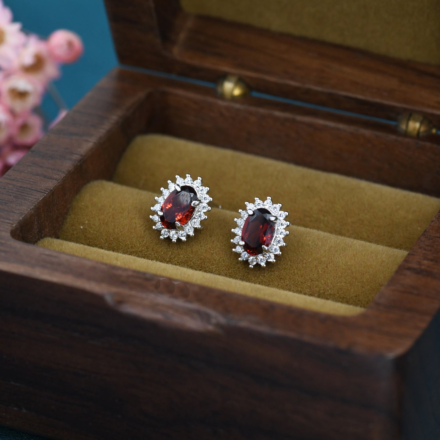 Genuine Garnet Red Crystal Stud Earrings in Sterling Silver, Natural Red Garnet Oval Stud Earrings