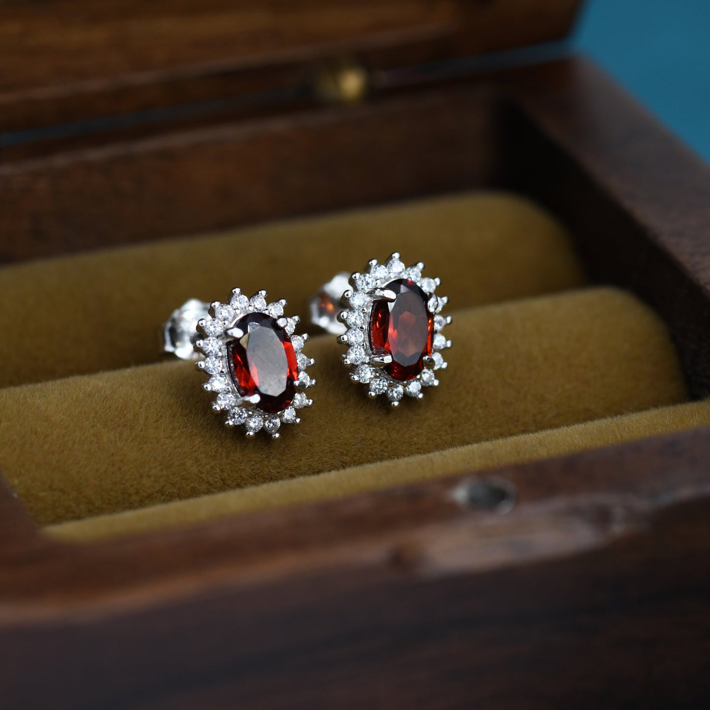 Genuine Garnet Red Crystal Stud Earrings in Sterling Silver, Natural Red Garnet Oval Stud Earrings