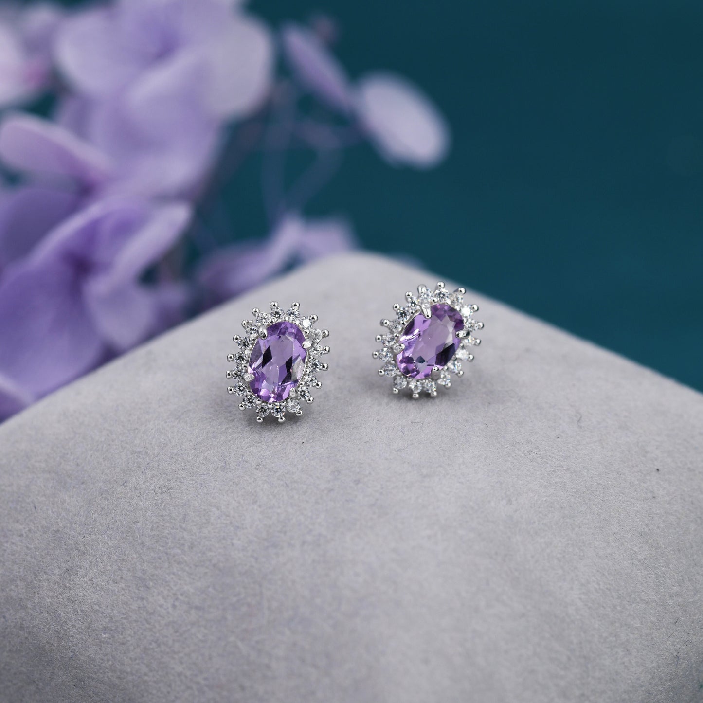 Genuine Amethyst Purple Crystal Stud Earrings in Sterling Silver, Natural Purple Amethyst Oval Stud Earrings