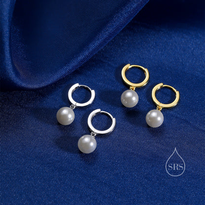 Mother of Pearl Huggie Hoop Earrings in Sterling Silver,  Simple Pearl Dangle Earrings, Gold and Silver