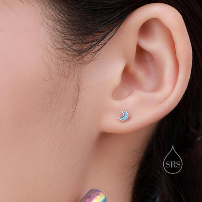 Extra Tiny Opal Moon Stud Earrings in Sterling Silver - Blue Opal or White Opal - Gold or Silver - New Moon Earrings - Petite Stud Earrings