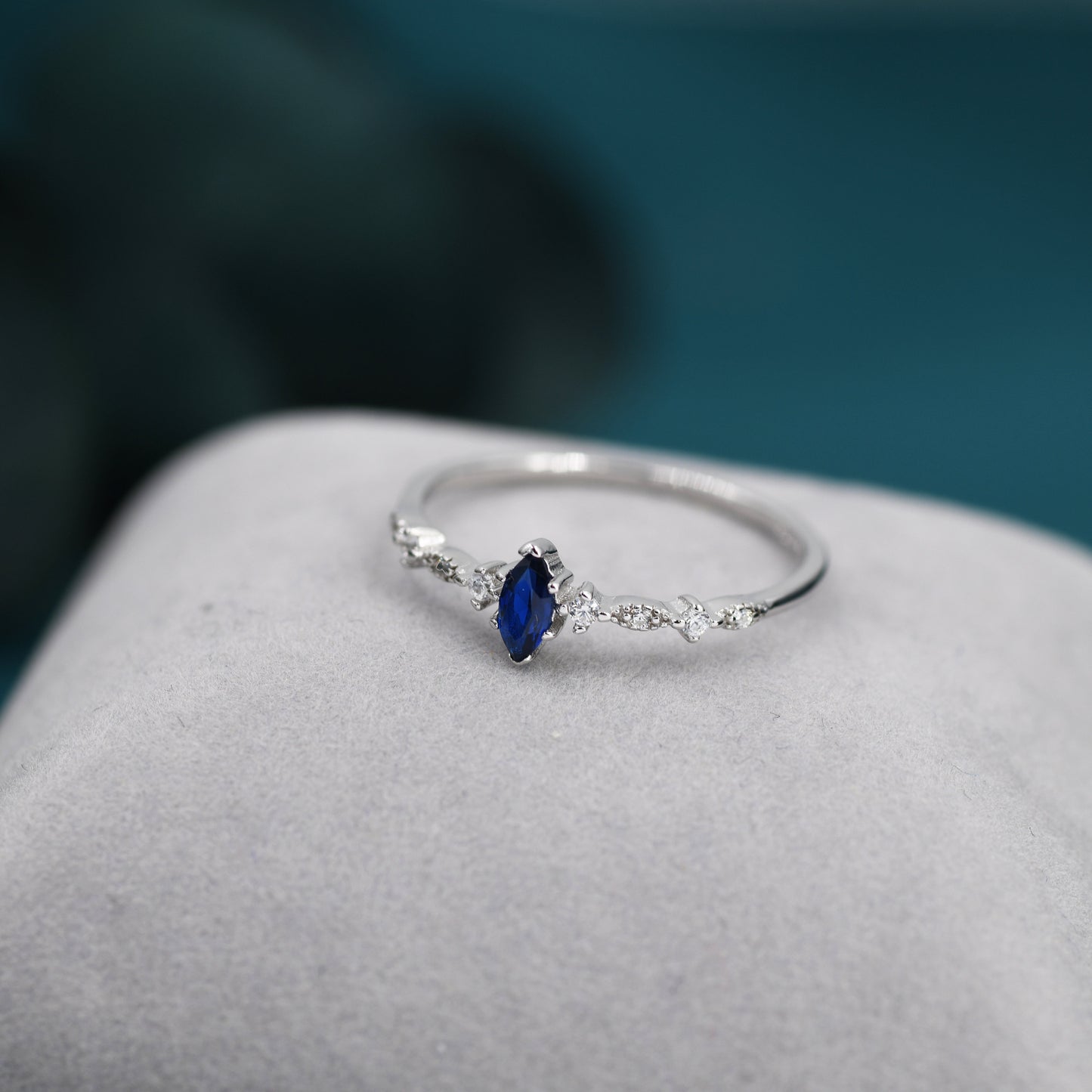 Vintage Inspired Sapphire Blue CZ Ring in Sterling Silver, Marquise Ring, Delicate Sapphire Ring, Size US 5 - 8