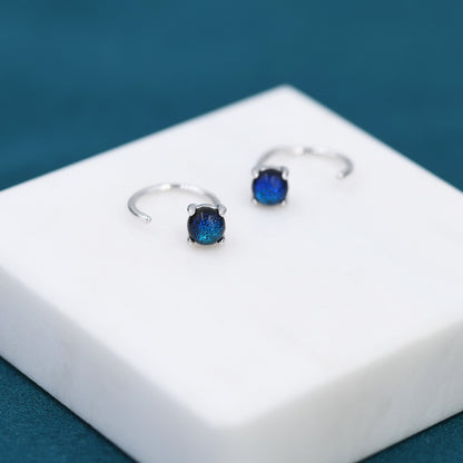 Galaxy Blue Dichroic Glass Crystal Threader Hoop Earrings in Sterling Silver, Dark Blue Crystal Huggie Hoop,  Pull Through
