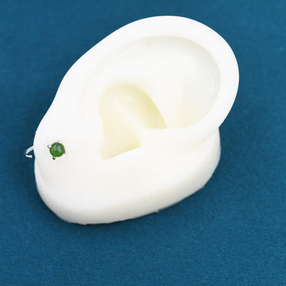 Genuine Jade Crystal Huggie Hoop Earrings in Sterling Silver, 4mm Natural Jade Open Hoops, Pull Through Threaders, Half Hoops, C Shape Hoops