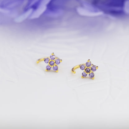 Amethyst Purple CZ Flower Huggie Hoop Earrings in Sterling Silver, Gold or Silver, CZ Flower Threader Hoop Earrings, Pull Through, C Shape