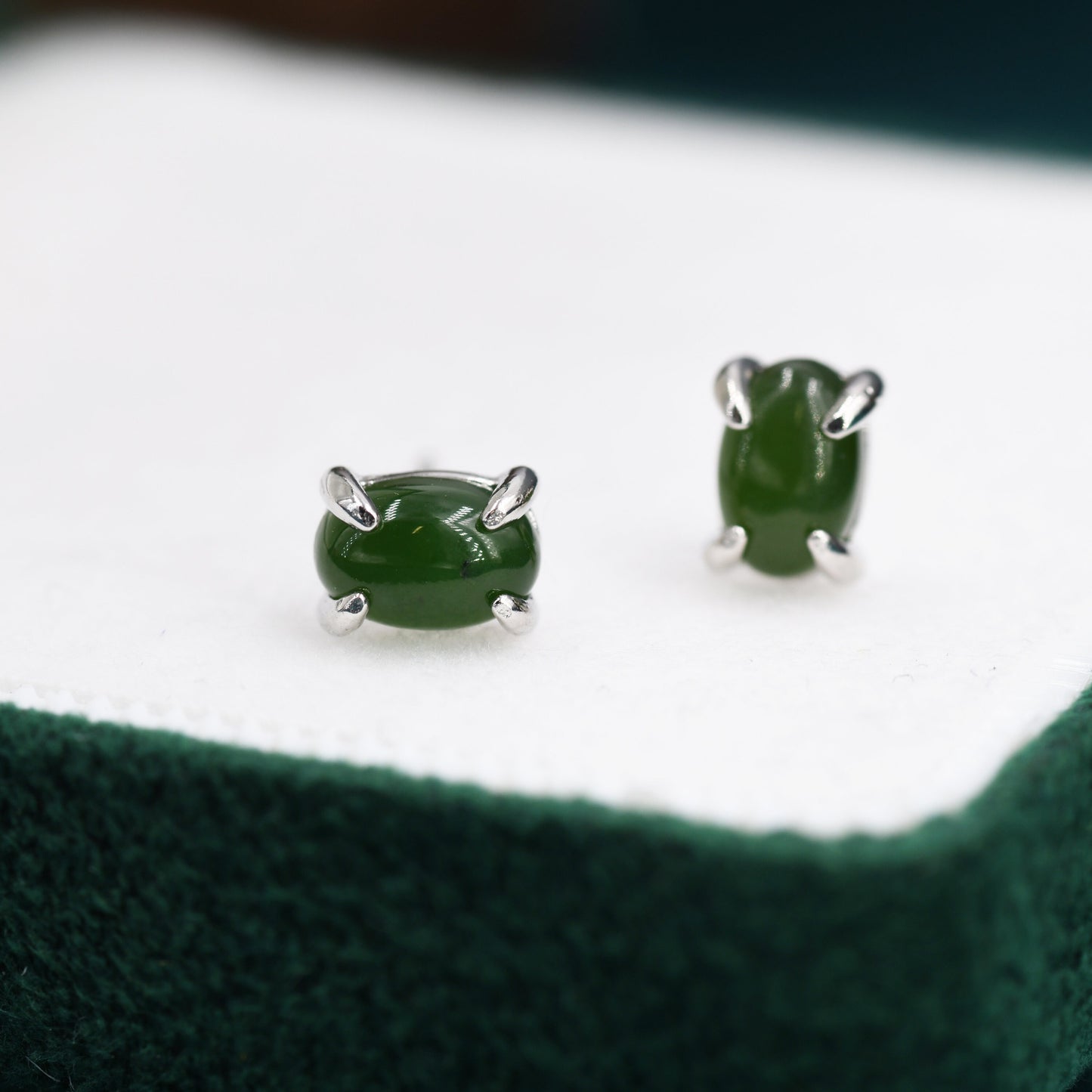 Genuine Green Japer Jade Stone Oval Stud Earrings in Sterling Silver, Jade Stud, Natural Jade Gemstones, Prong Set, Minimalist  Earrings