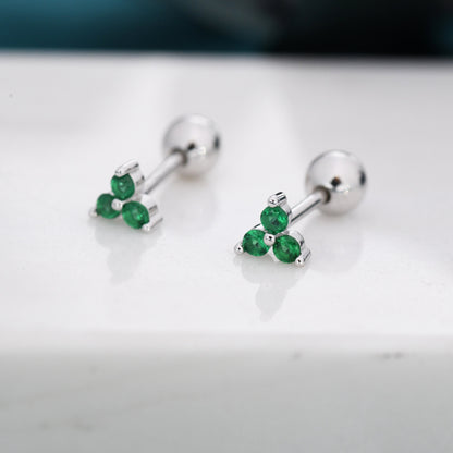 Tiny Three  Emerald Green CZ Screw Back Earrings in Sterling Silver, Green CZ Trinity Screwback, CZ Trio Earrings