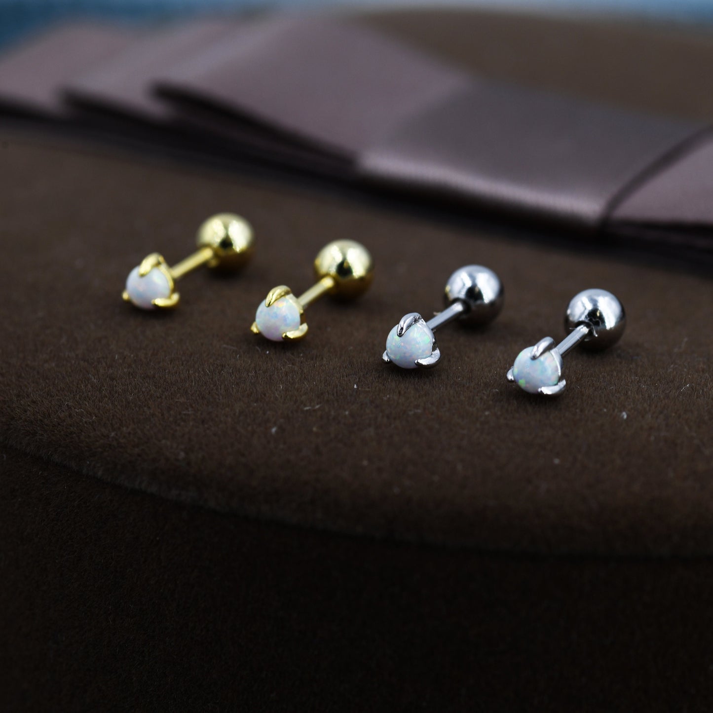 White Opal Screw back Earrings in Sterling Silver, Silver or Gold, Opal Three Prong Earrings,  Screwback Earrings, Opal Barbell Earrings