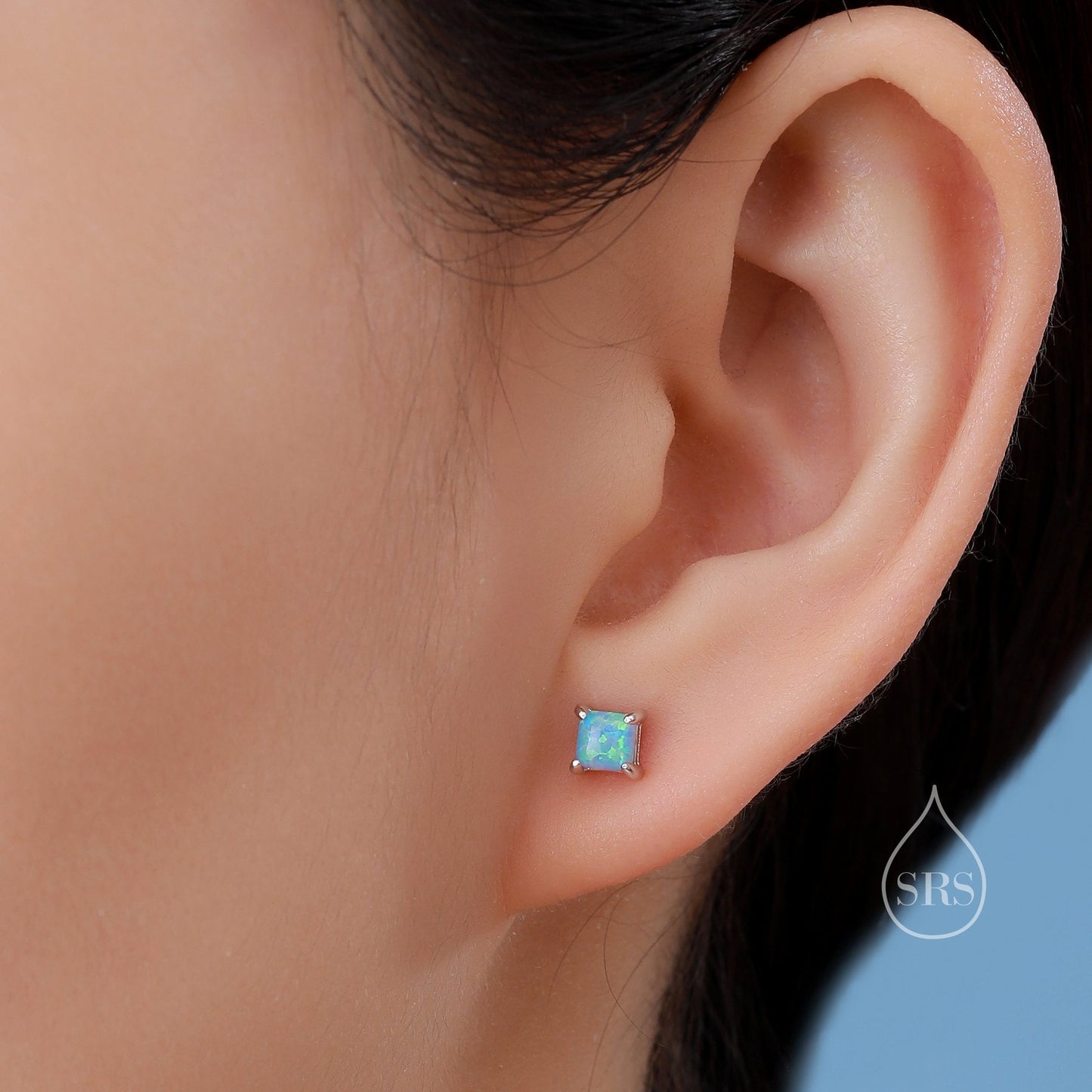 Blue Opal Square Stud Earrings in Sterling Silver - Gold or Silver - Opal Cube Earrings - Petite Stud Earrings, Blue Opal, Square Shape