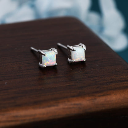 White Opal Square Stud Earrings in Sterling Silver - Gold or Silver - Opal Cube Earrings - Petite Stud Earrings, Fire Opal, Square Shape