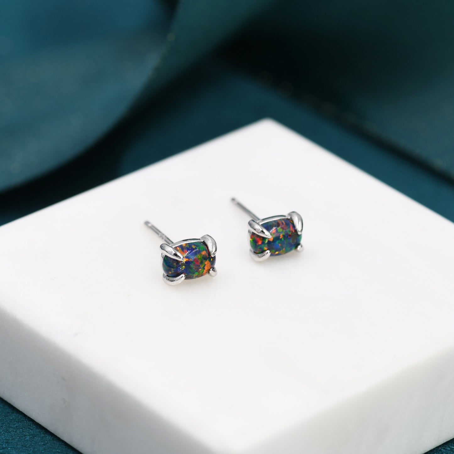 Black Opal Oval Stud Earrings in Sterling Silver - Gold or Silver - Opal Oval Earrings - Opal Prong Set  Earrings, Black  Opal