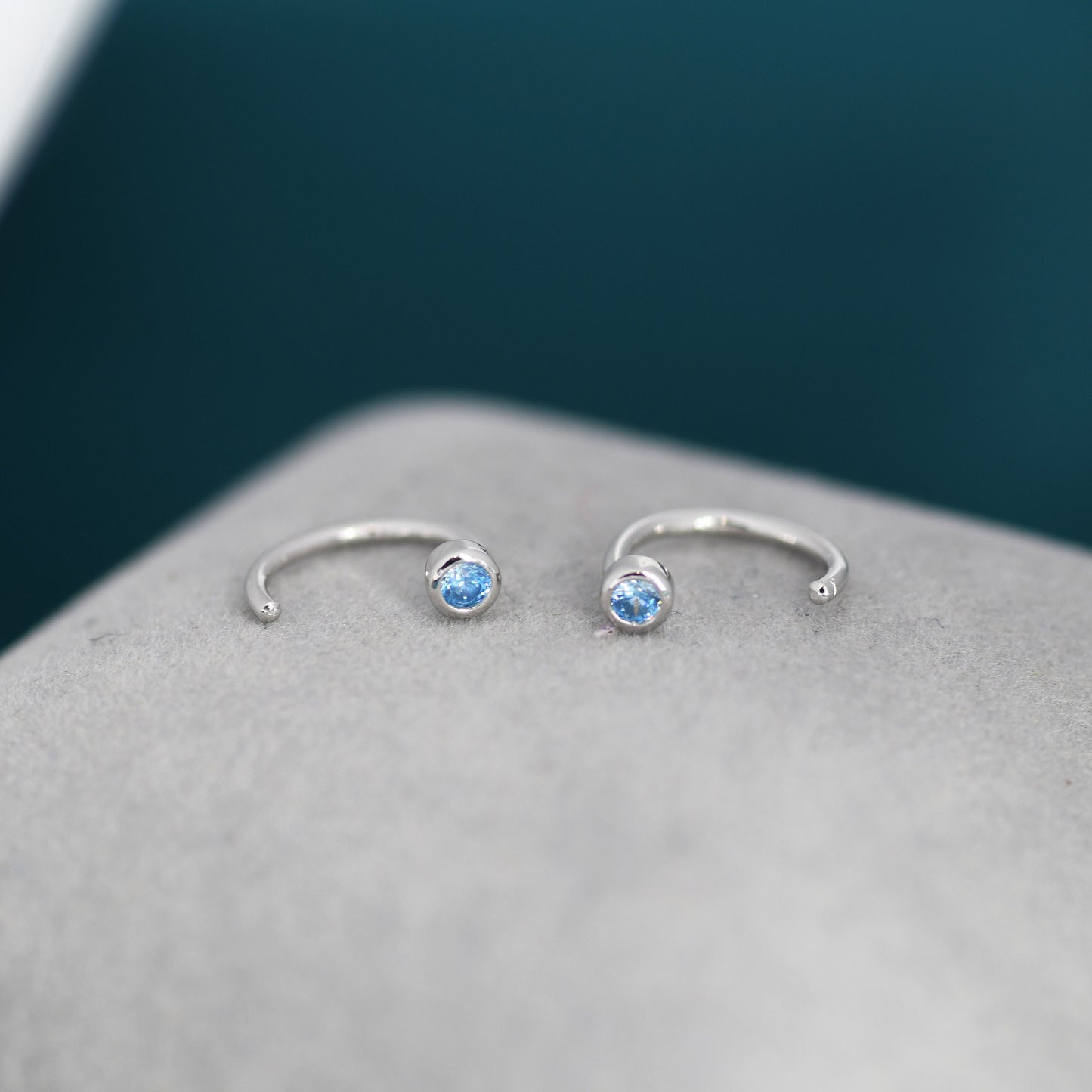 2mm Aquamarine Blue CZ Huggie Hoop Earrings in Sterling Silver, Half Hoop, Open Hoop, Pull Through, Dainty Earrings, March Birthstone
